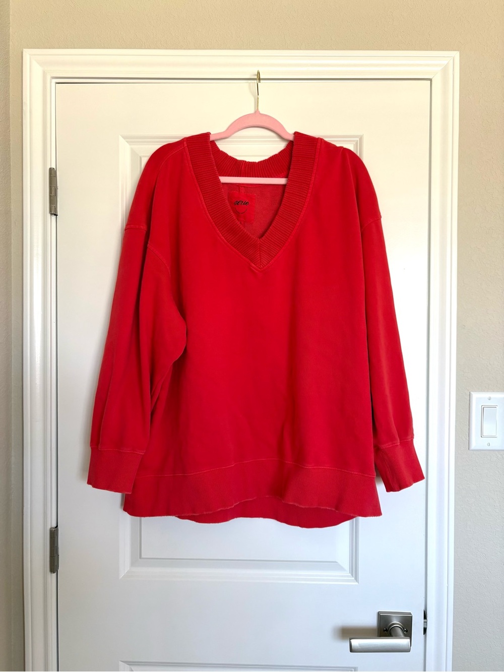 Aerie Oversized Red V-Neck Sweatshirt XL Washed Distressed Pullover
